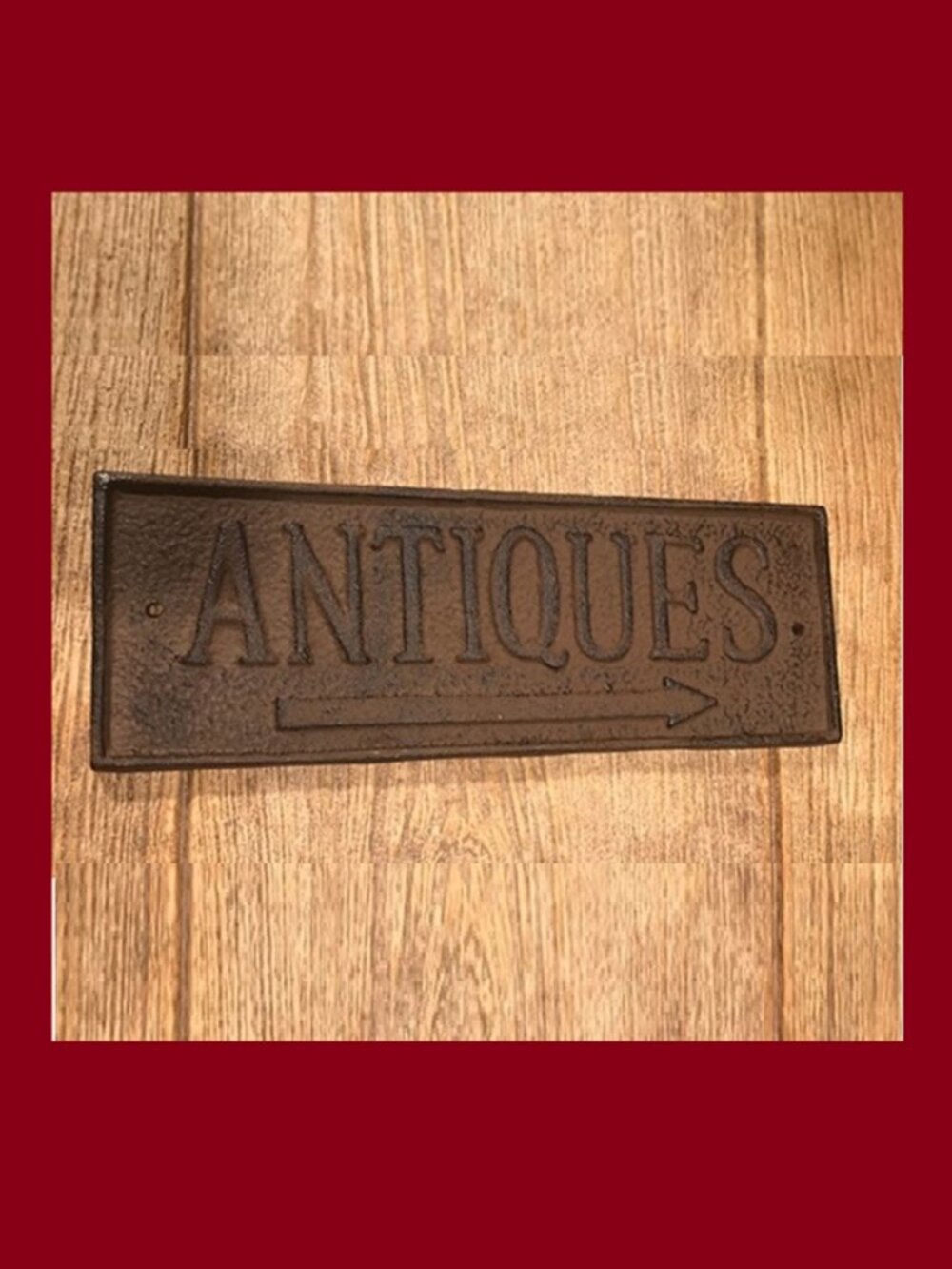 Cast Iron Wall Sign Plaque "Antiques" Store Decor 9 ¼” long by 3 ½” tall 07470